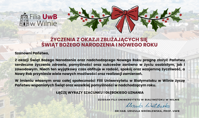 Życzenia z okazji zbliżających się świąt Bożego Narodzenia i Nowego Roku